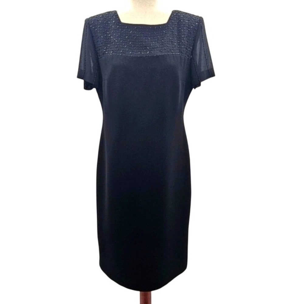Studio‎ I Black Beaded Sheath Dress Square Neck Sheer Short Sleeve Formal LBD